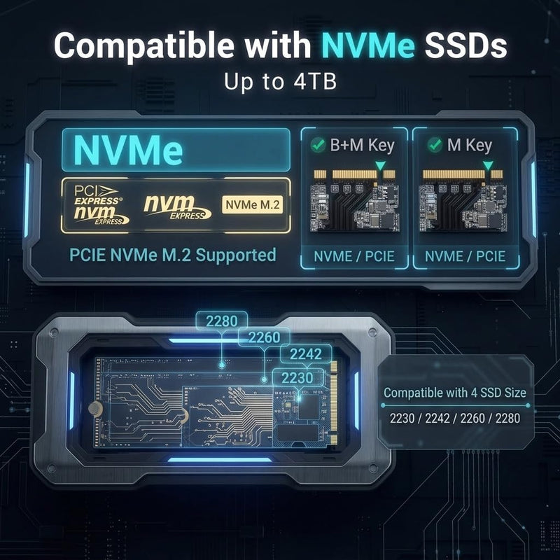 NVMe M.2 SSD Enclosure LCD Smart Health Monitor 10Gbps USB-C Plug&Play Mac PS4