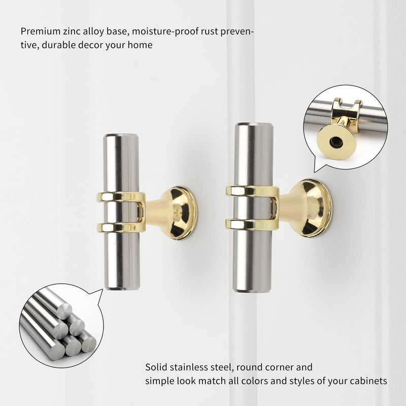 Haliwu 10 Pack Brushed Nickel Cabinet Knobs, Gold Cabinet Knobs Kitchen Handles Gold Kitchen Hardware, Single Hole Pulls T Bar Pulls 2-inch (50mm) single hole Brushed nickel&Gold
