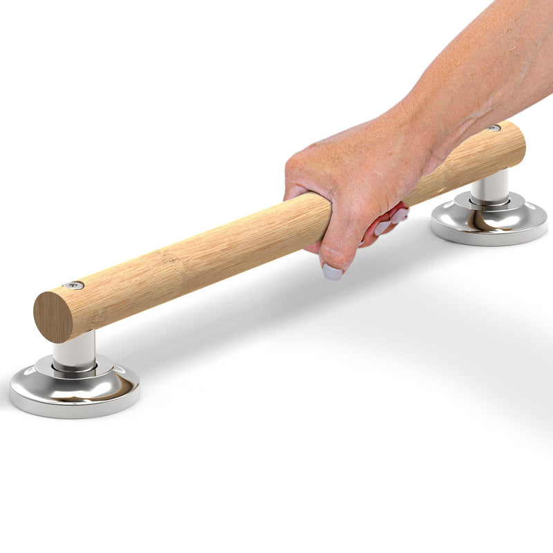 Natural Bamboo Grab Bar for Bathroom & Toilet, ADA Compliant Balance Assist Handrail for Handicap and Seniors, 16in Brushed Nickel