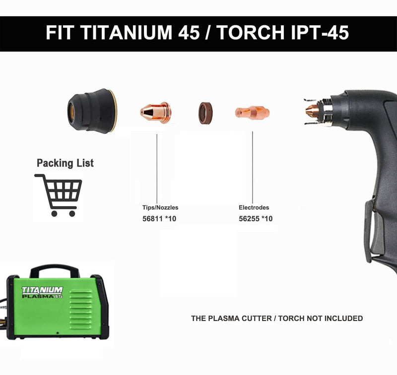 Plasma Cutter Consumable Kit for Harbor Freight Titanium 45,Tips&Electrode 56811 56255,45Amp (10Tips+10Electrodes,PK-20) 56811+56255
