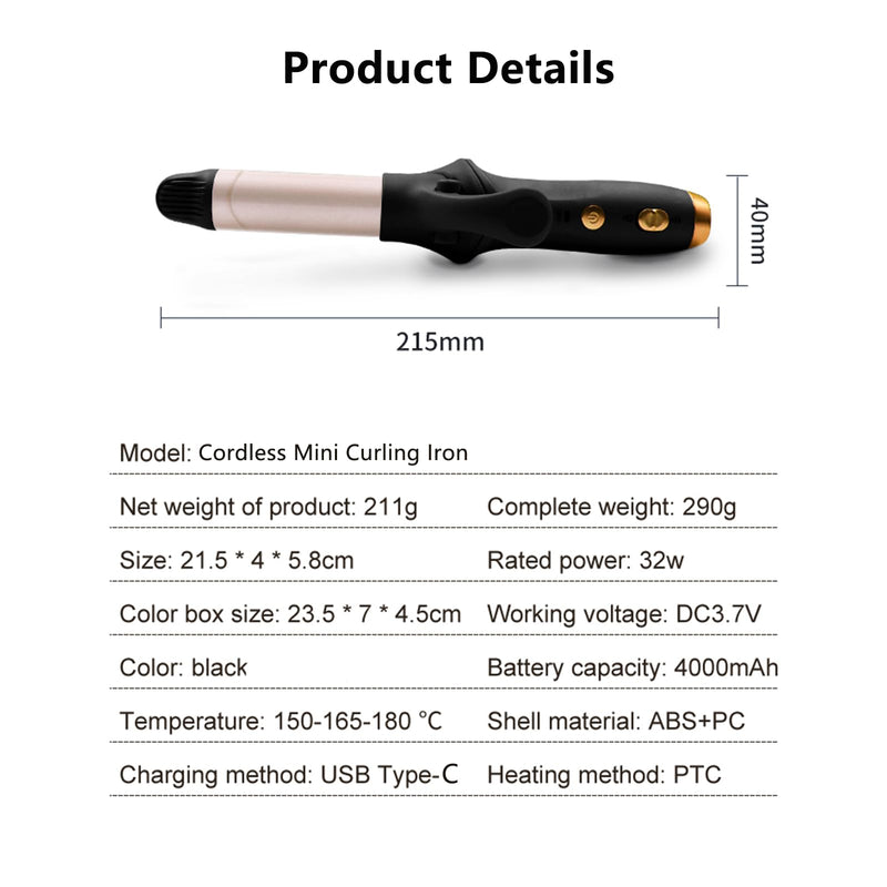  [AUSTRALIA] - Curling Wand Mini Curling Tongs, USB Rechargeable Curling Tong | Hair Curler for Travel Hairstyling, Adjustable Temperature 150℃-180℃, USB Rechargeable ﻿