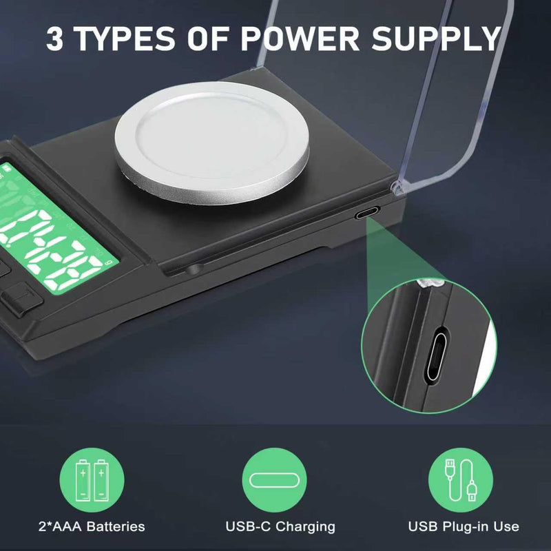 Portable Milligram Scale 100g/0.001g, Diyife Rechargeable Gram Scale with 8 Units, High Precision Powder Scale with Cover, Backlit LCD, Batteries/Tray/Tweezers/100g Calibration Weight Included