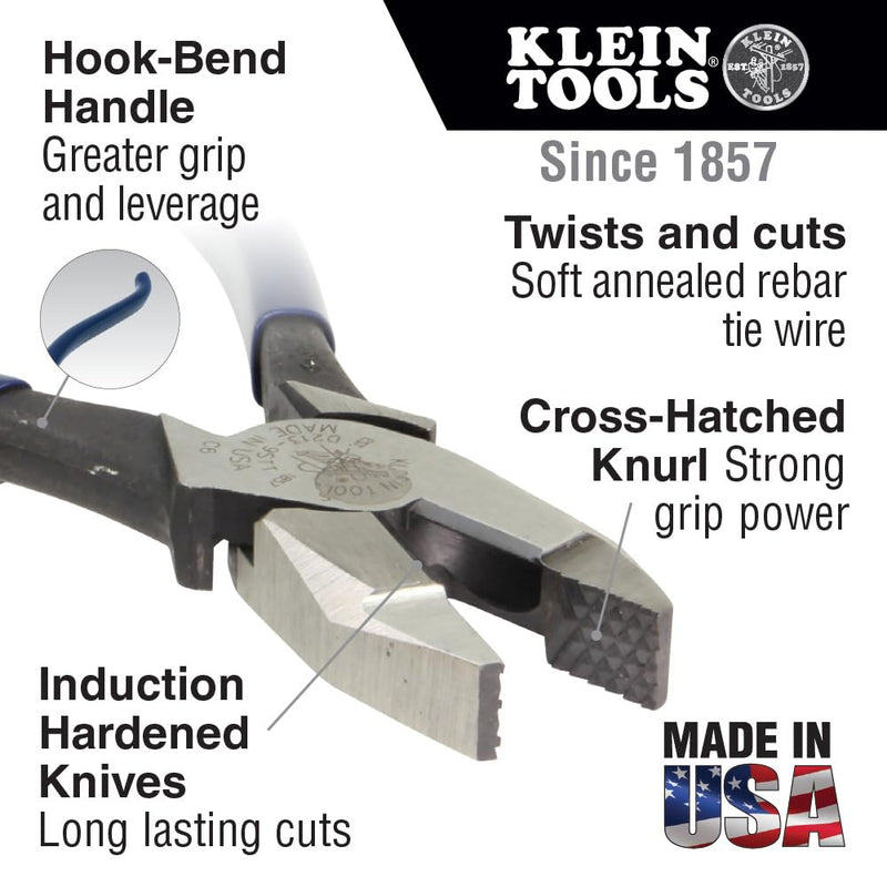 Klein Tools D201-7CST Ironworker Pliers, Spring Loaded Side Cutters, Twists and Cuts Annealed Rebar Tie Wire, Heavy-duty Knurled Jaws, 9-Inch Long Ironworker/Plasitc Dipped Handle
