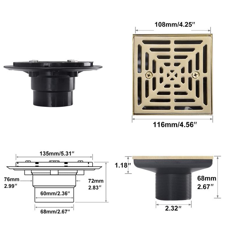 4-1/4 Inch Brushed Gold Shower Drain Square, Base with Adjustable Drain Flange Kit PVC, Removable Grille Strainer Drain Cover with Screws, SUS304 Stainless Steel Brass Face