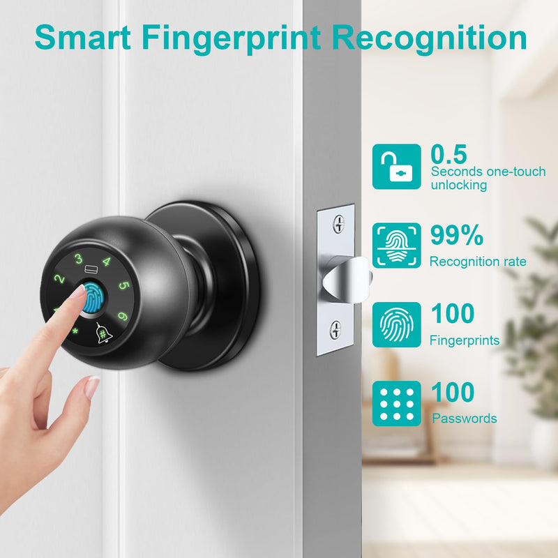 Kuelor Smart Lock Fingerprint Door Lock, 5-in-1 Keyless Entry Door Handle with Keypad & Doorbell, Touch/Code/Card/Key/App Control for Home Office Airbnb A-Black