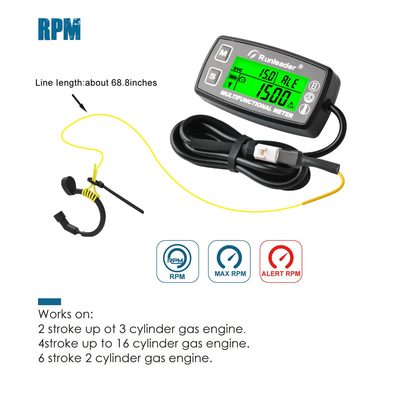 Runleader Digital Hour Meter Tachometer,Engine Temperature Gauge with Alert Temp,3 Backlights Display for Generator Snowmobile Lawn Tractor Pit Bike Compressor Marine Jet Ski (HM035A-TS002-1) RL-HM035A