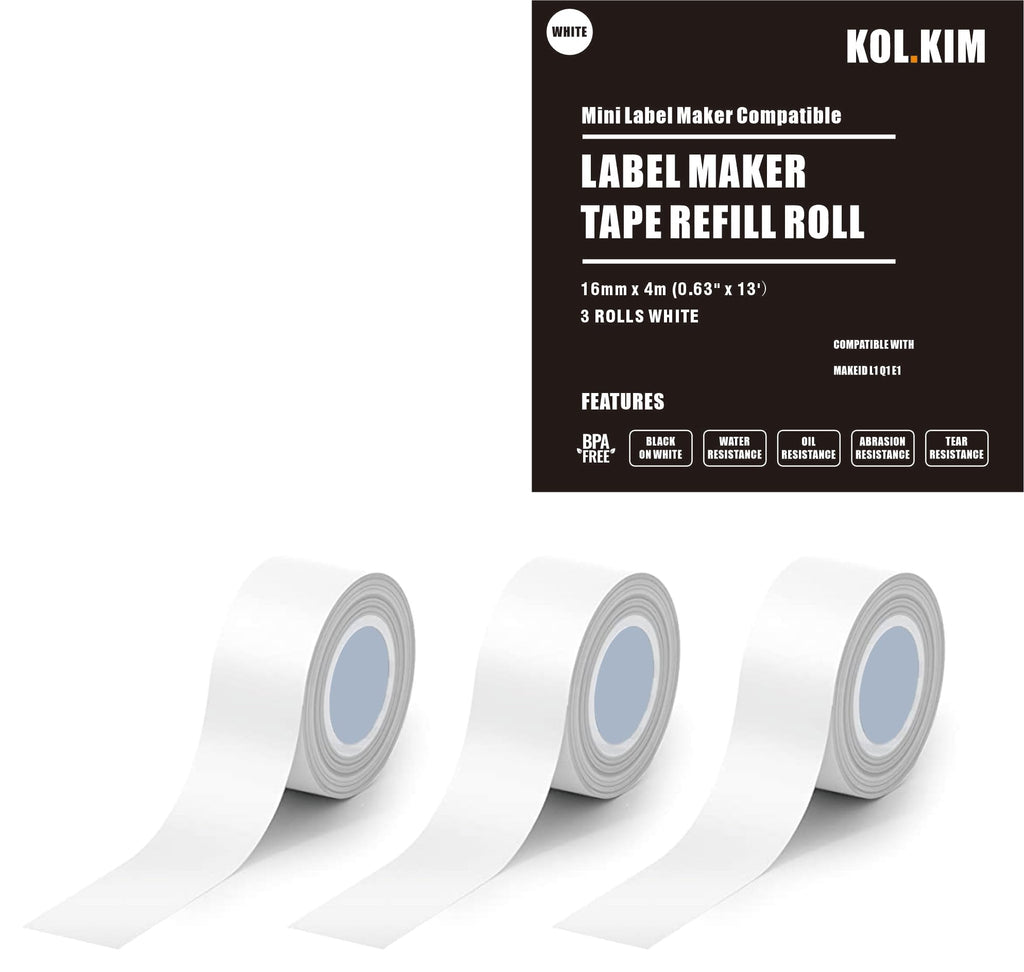 3 Rolls 0.63" x 13' Waterproof Laminated Label Tape for Make ID Label Tape Refill, for Makeid Label Tape Refill MakeID Label Makers L1 Q1 Refills Replacement Wire Labels 16mm x 4m (White) White