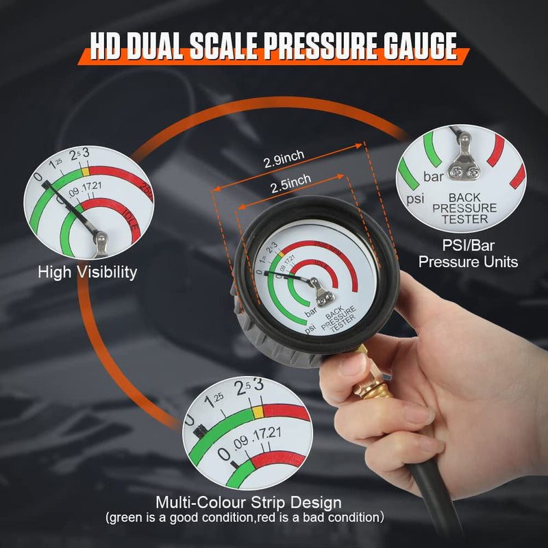 DUOYI Exhaust Back Pressure Tester Kit with 6-Foot Hose,Professional Diagnosis Automotive Exhaust Back Pressure Gauge Kit Shockproof 2.5" HD Gauge,with M12 & M18 Adapter Black