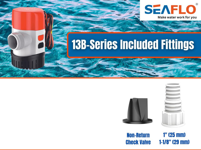 SEAFLO 13B Series 800 GPH Automatic Bilge Pump - 12V,Electronic Sensing Marine Submersible Boat Pump, 18 ft Head, 1 in + 1 1/8 in Outlet, Anti Airlock, Cartridge Motor Design, 4 Year Warranty