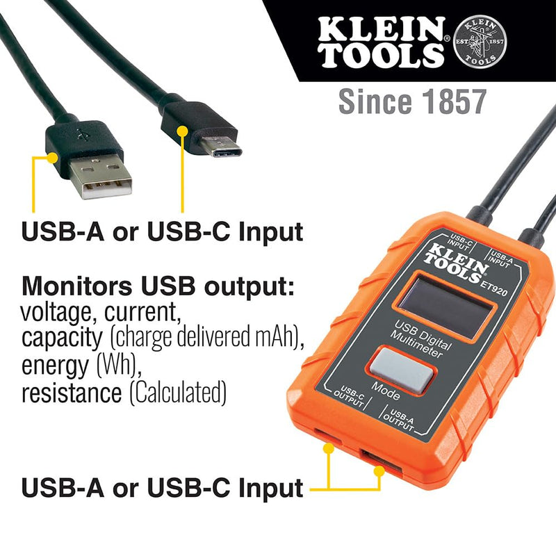 Klein Tools ET920 USB Power Meter, USB-A and USB-C Digital Meter for Voltage, Current, Capacity, Energy and Resistance Electric Circuit Testing Device USB-A and USB-C Meter