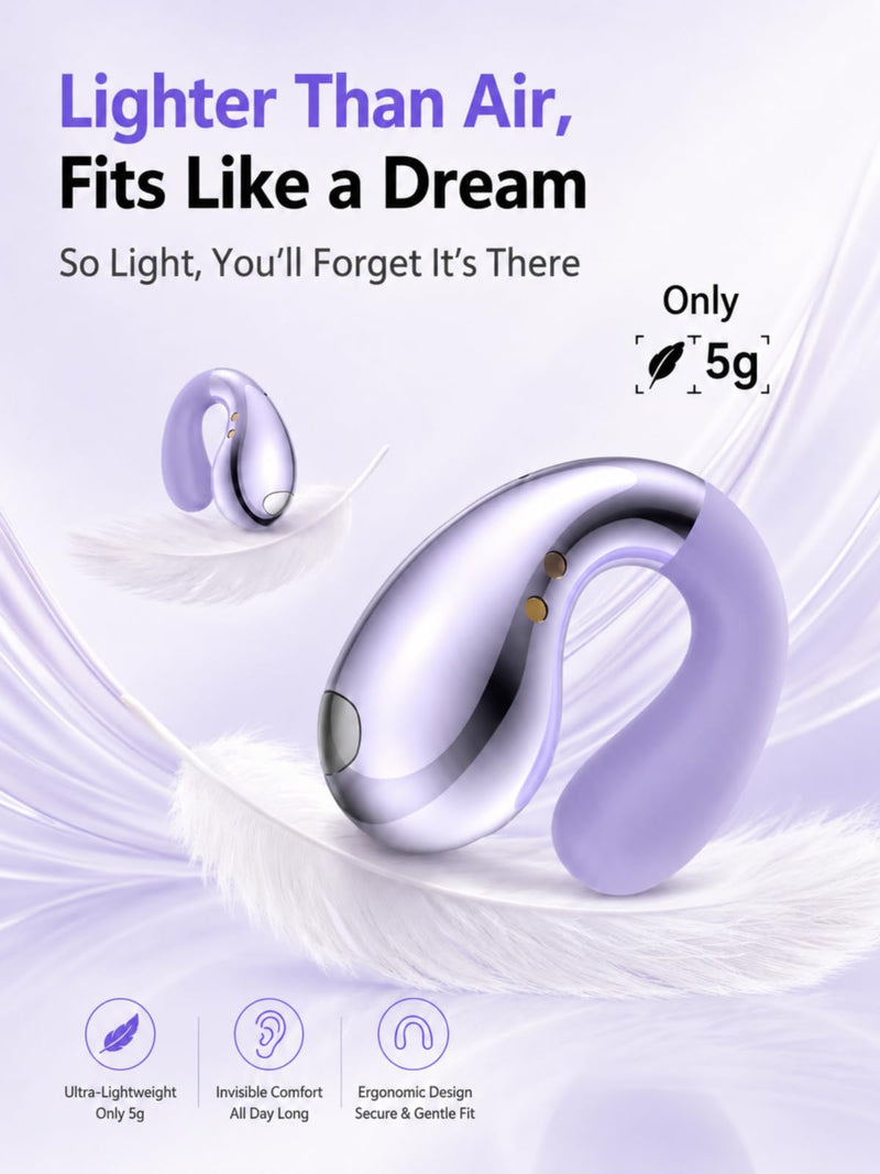 Ultra Open Ear Earbuds - Clip on Earbuds, Open Ear Headphones with Small Lightweight Bone Conduction Design, Comfortable Fit for Running, Gym Workouts and Sports, Aurora Purple