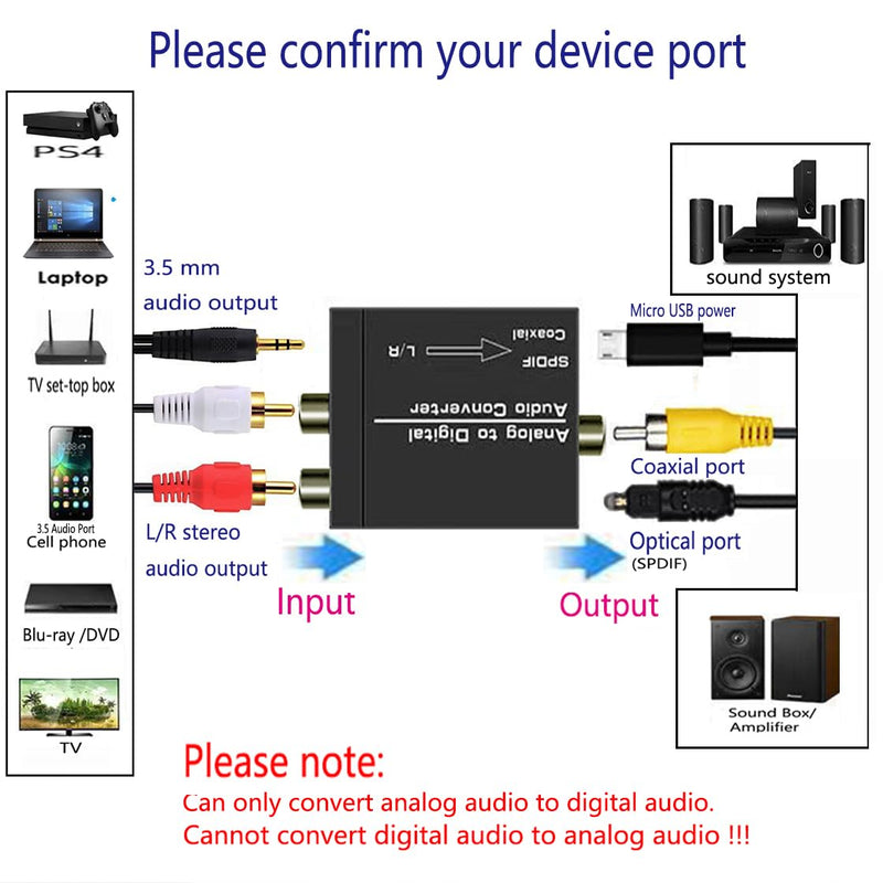 Analog to Digital Audio Converter, R/L RCA 3.5AUX to Optical/SPDIF/Toslink Coaxial Audio Adapter with Optical Cable and Audio Cable, Compatible with PS4 Xbox HDTV DVD etc, for Soundbar. 2.55*1.57*0.98IN L/R 3.5 to Optical Coaxial