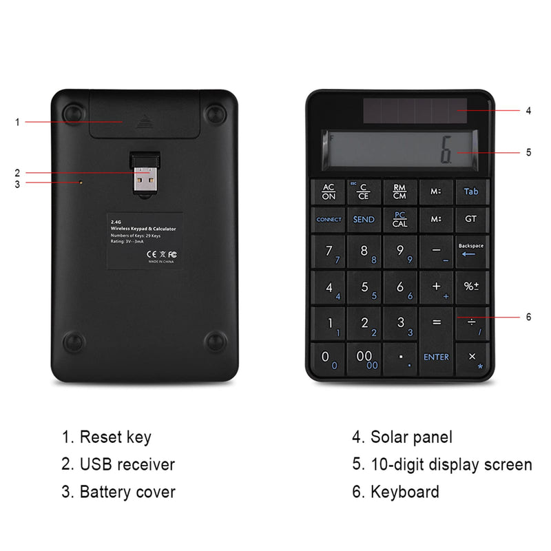 MC-56AG 2 in 1 Numeric Keypad & Calculator, 29 Keys Mini 2.4G USB Calculator with LCD Display, Switch by Pressing PCCal, Ideal for Office, Black