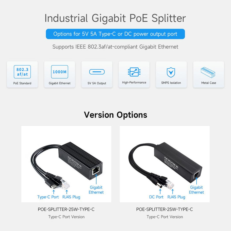 Waveshare Industrial Gigabit PoE Splitter, 5V 5A Type-C Output Port, Onboard MPS Control Chip
