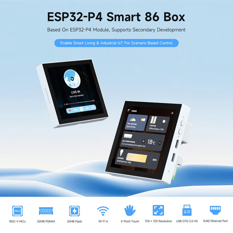 Waveshare ESP32-P4 Smart 86 Box with Expandable Ethernet, RS485, and Relay Support, Featuring Dual-Core and Single-Core RISC-V Architecture, Onboard 4-Inch 720×720 Pixel 5-Point Touch LCD