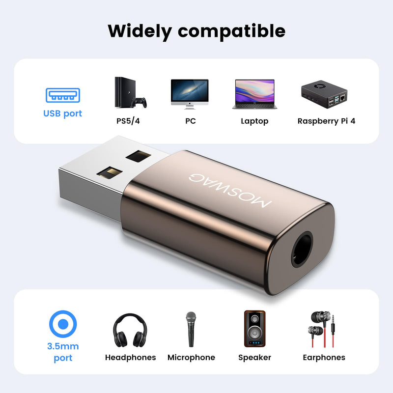 MOSWAG USB to 3.5mm Audio Jack Adapter 2 Pack, USB to Audio Aux Adapter, External Sound Card Converter Compatible with Headset Windows, Desktops, Laptop, Linux, PS4, PC Brown