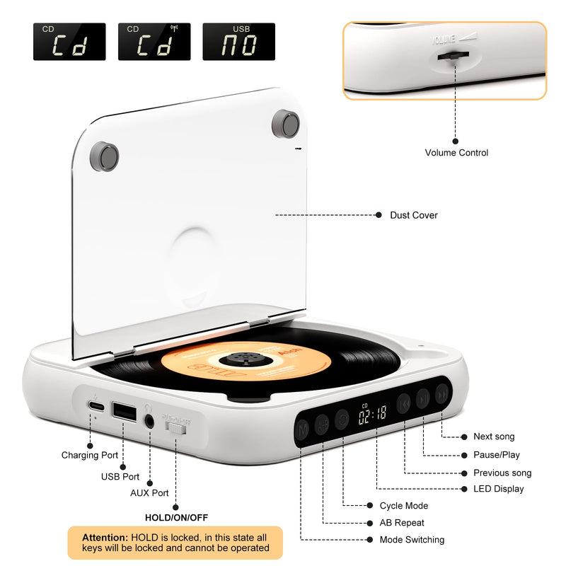 ZYOKATA CD Player Portable with Speakers Rechargeable for Home Audio Book with Headphones LCD Screen, Small Kids CD Players Bluetooth for Car Shockproof Support CD/AUX/USB (White)