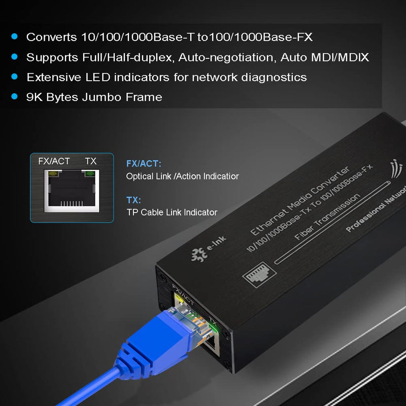 Elenzk Micro Gigabit Fiber Media Converter, 10/100/1000Mbps Ethernet to SFP, 1310nm SM 20km, DC 5V USB-C Powered, Ultra Compact SFP-SMDF-020
