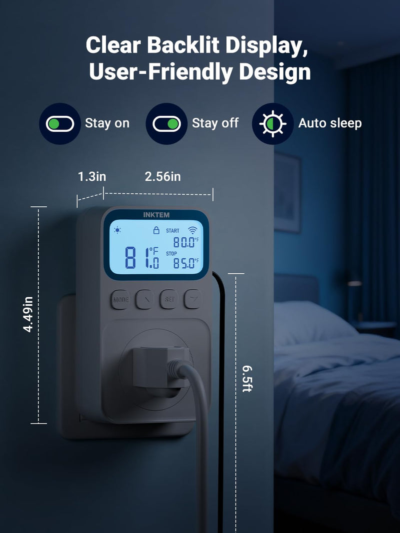 WiFi Plug in Thermostat Outlet, Temperature Controlled Outlet with Smart APP, Timer & Memory Digital Temp Controller -40~212℉, IP67 Waterproof Probe for Incubator Homebrew Reptile Space Heater | 16A