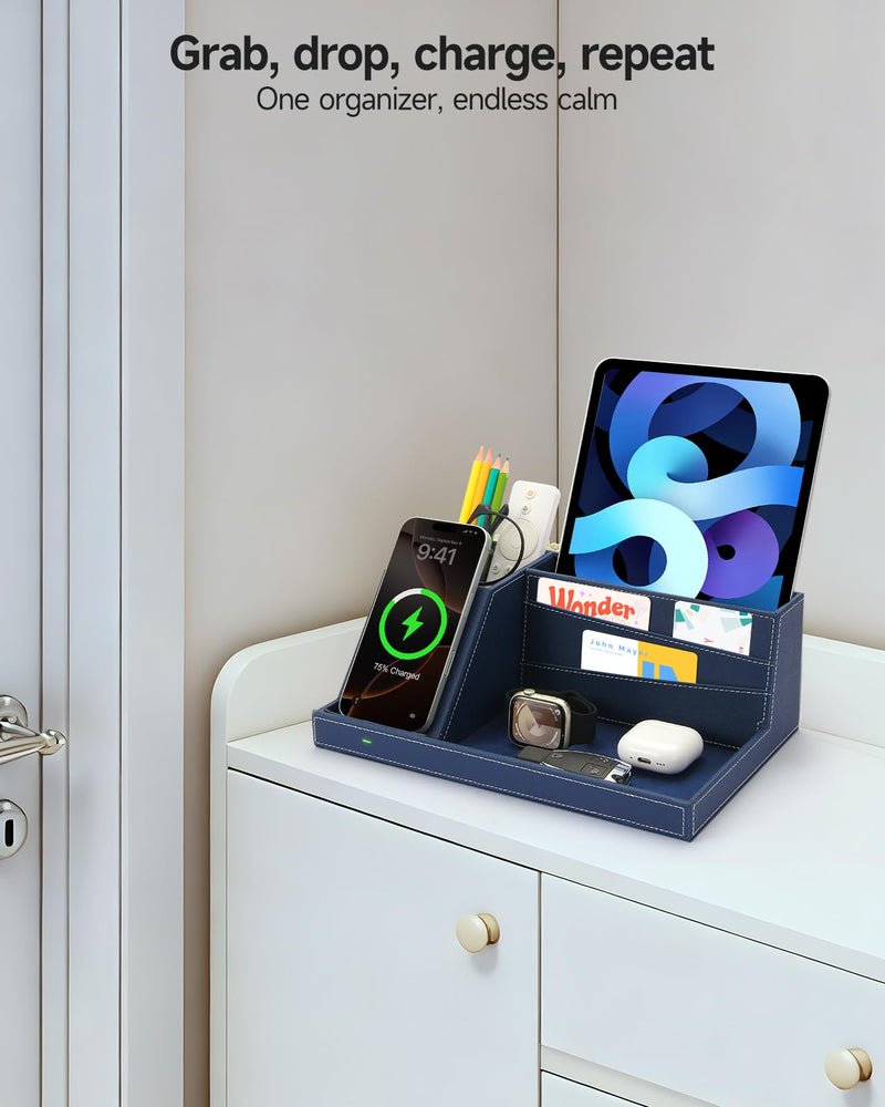 Desk Organizer with Charging Station, Nightstand Organizer Phone Docking Station, Men Gift Husband Wife Anniversary Dad Birthday Nightstand Purse Father Graduation Male Travel Idea Gadgets Blue