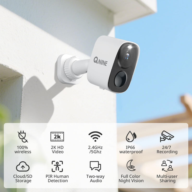 Wireless Outdoor Security Camera, 2K Battery Powered 5GHz WiFi, 2-Way Audio, PIR Motion Detection, Color Night Vision, IP66 Waterproof, TF/Cloud Storage (up to 256G), Alexa Compatible