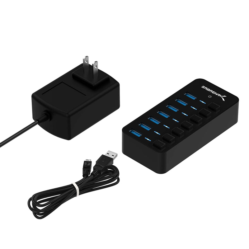 7 Port USB 3.0 Hub with Individual Power Switches and LEDs Includes 36W 12V/3A Power Adapter+USB 3.0 Extension Cable A Male to A Female [Black] 6 Feet