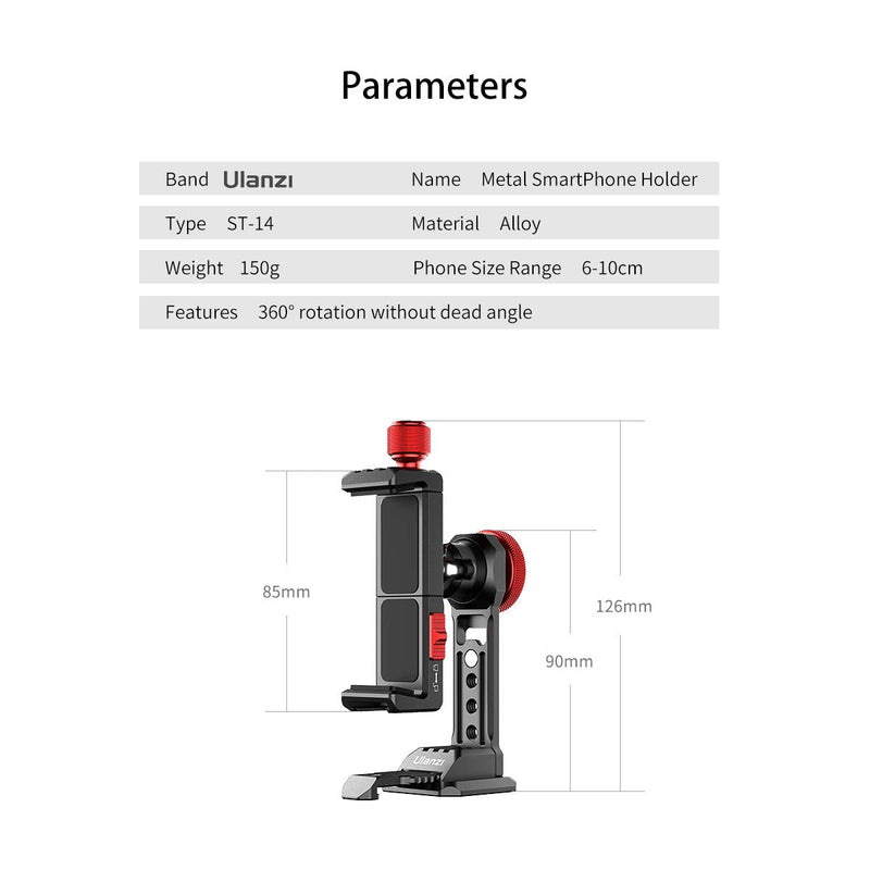  [AUSTRALIA] - ULANZI ST-14 Smartphone Tripod Mount Adapter Aluminum with Cold Shoe, 360° Cell Phone Stand Holder Clamp for iPhone 13 12 11 Max Pro iPhone X XR Xs 6 7 Plus