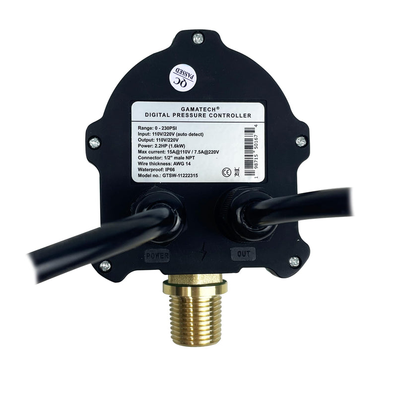 GamaTech 110V/220V 15A/7.5A Digital Adjustable Pressure Switch Controller for Water Pump and Air Pump, 1/2" Male NPT, 0-230 Psi 110V/220V 15A/7.5A 230PSI