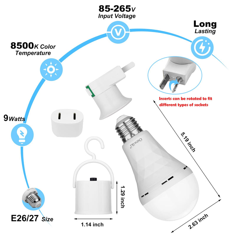 Ostwiki Rechargeable Emergency Light Bulbs 6 Pack Battery Operated Backup Light Bulbs for Power Outage Camping 9W E27 8500K Daylight Self-Charging Lamps for Home Hurricane Preparedness 8500k Cool White