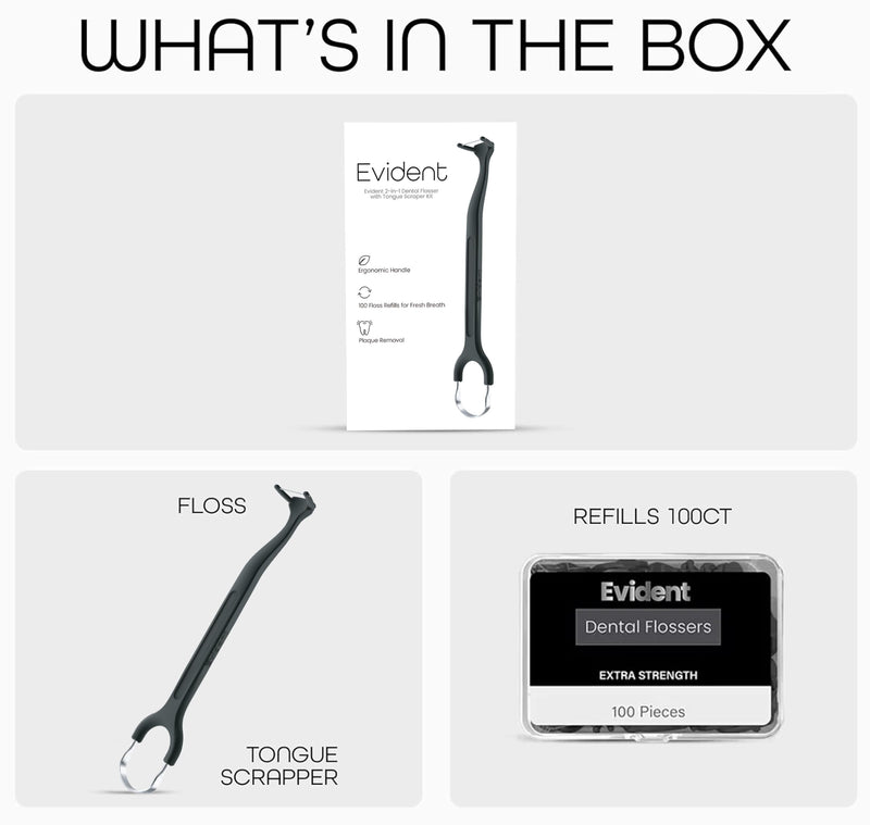Evident Dental Flosser with Tongue Scraper – 2-in-1 Dental Flosser Kit with 100 Floss Refills – Long Ergonomic Handle for Plaque Removal & Fresh Breath Black 1 Black Handle + 100 Refills