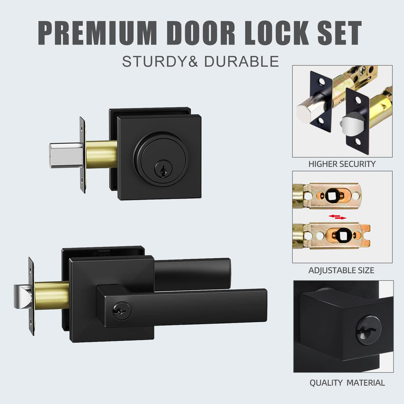 JO.KO Keyed Entry Door Handle and Single Cylinder Deadbolt Door Locks,Matte Black Front Door Handle and Deadbolt Set,Heavy Duty Exterior Door Lever for Office and Home 1 Key 1 Combo 1 Pack