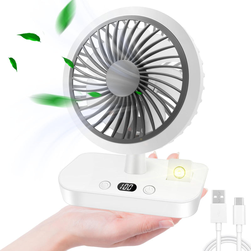 Desk Fan, 5.5" 4000mAh Rechargeable USB Portable Fan with Night Light, 90° Auto Oscillating Fan with Digital Display and Hanging Hook, 4 Speeds Strong Wind, 14Hours for Home Office Kitchen Camping