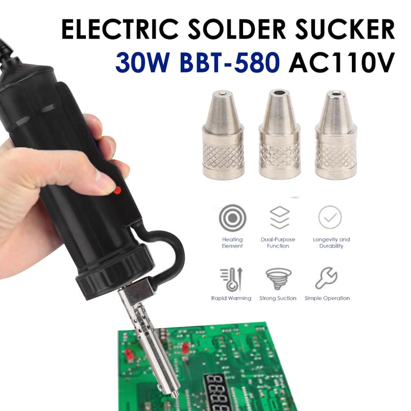 Electric Solder Sucker 30W Automatic Desoldering Pump with Vacuum Suction, 3 Nozzles (1.0mm, 1.5mm, 2.5mm) Tin Suction Device for Tin Removal Work (US Plug AC110V) ﻿