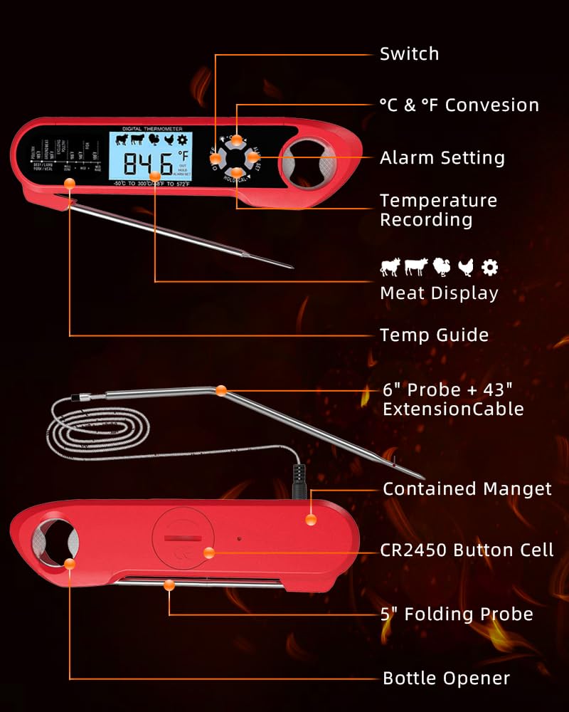 Brigii Meat Thermometer, Instant Read Digital Thermometer-Waterproof/Backlight, 43in Extended Probe and Folding Probe, Oven-Safe Design, Kitchen Food Thermometer for Deep Fry, Grilling, BBQ