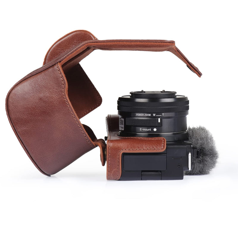 MegaGear MG2006 Ever Ready Genuine Leather Camera Case Compatible with Sony ZV-E10, Full Body Protection Lens Cover Bag with Shoulder Strap, Brown