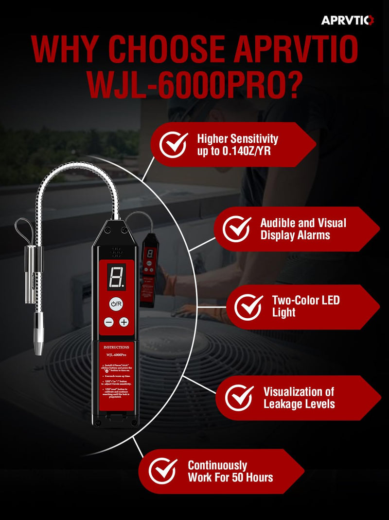 Refrigerant Leak Detector with LED Light, Aprvtio WJL-6000PRO Halogen Leak Detector Freon Gas Leakage Tester HVAC Air Condition R22 R410A R134A R1234YF CFCs HCFCs HFCs Indicator Freon Sniffer WJL-6000PRO-UV