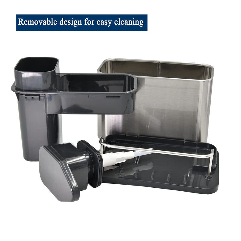 Soap Dispenser for Kitchen & Bathroom Sink with Sponge Holder and Brush Holder, Dish Soap Pump Sink Caddy for Countertop, Stainless Steel