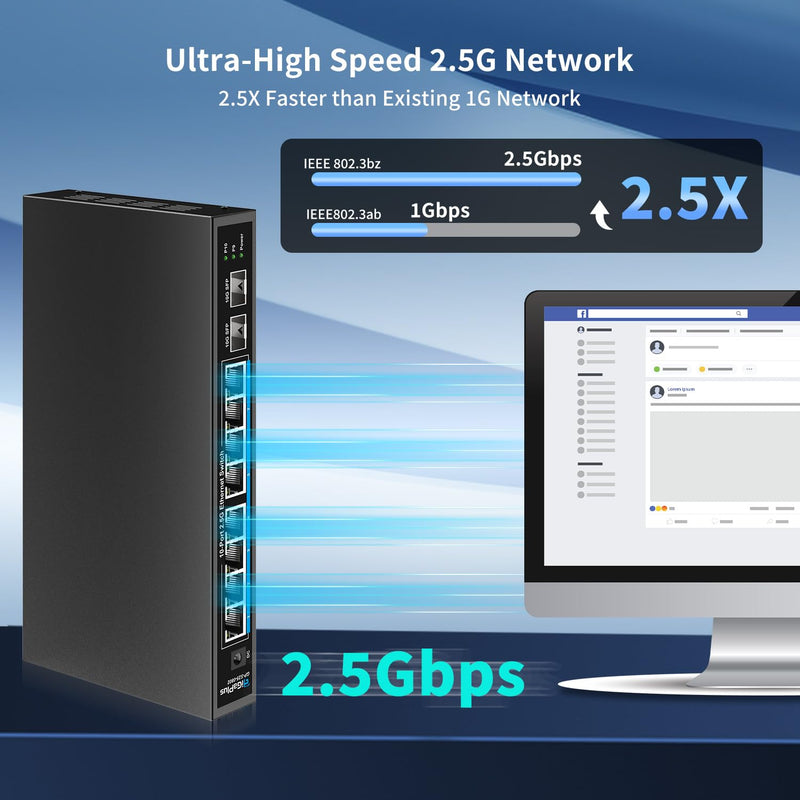 10 Port 2.5Gb Unmanaged Ethernet Switch with 8* 2.5G Base-T Ports, 2* 10G SFP+ Ports. GiGaPlus 2.5Gbps Network Switch for 2.5Gbps NAS/PC, WiFi6 Router, Wireless AP. Fanless Design, Plug and Play 10 port Unmanaged | 8X2.5G+2X10G SFP