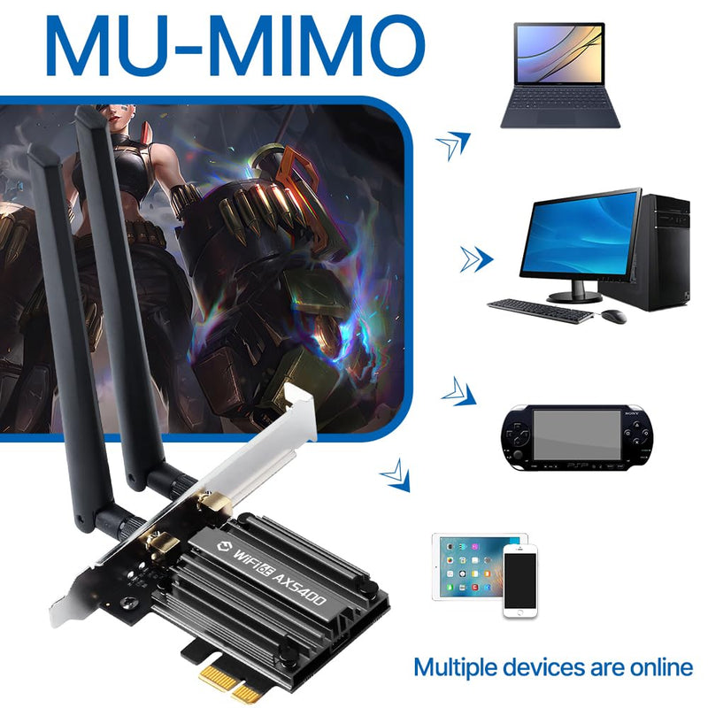 WiFi 6E PCIe Card AX5400Mbps Tri-Band Wireless Adapter (2.4G/5G/6GHz) BT 5.3 WPA3 802.11AX WiFi Adapter with MU-MIMO for Desktop PC - Windows 10/11 Compatible