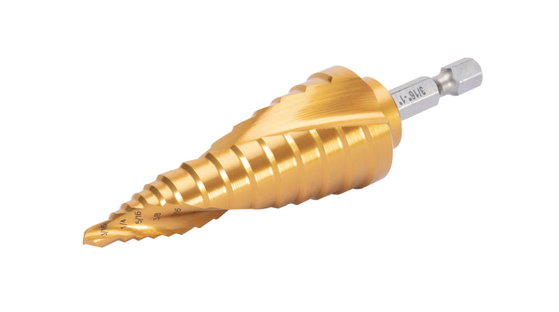 Industrial HSS Step Drill bit 3/16''-1'' with 1/4'' Hex Shank, Unibit Double Spiral Flute with TiN Coating for Metal, Stainless Steel, Aluminum, Plastic 3/16''-1''