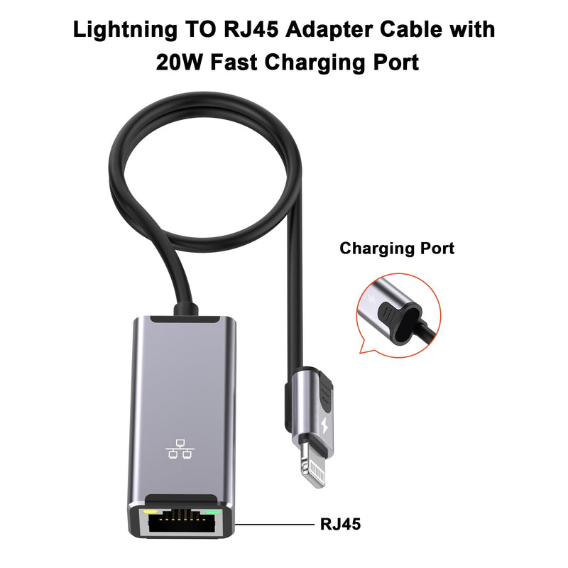[Apple MFi Certified] LAN Network Lightning to Ethernet Adapter for iPhone | 1.6ft RJ45 Ethernet Adapter with 8Pin Compatible for iPhone 14/13/12/11/XS/XR/8/7/6/iPad/iPod,Plug and Play LBlack