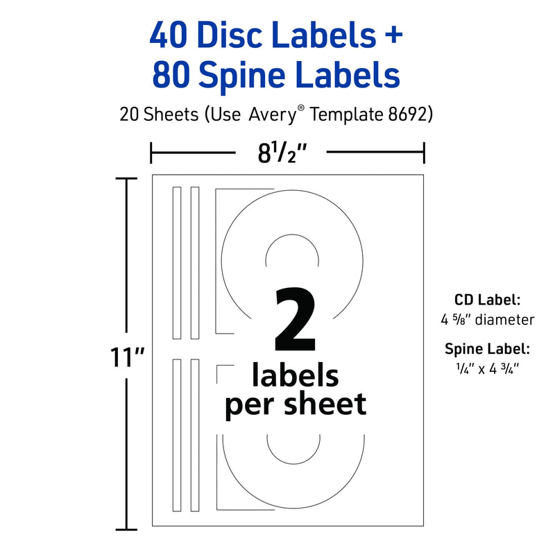 Avery Printable CD Labels, Matte White, Permanent Adhesive for Inkjet Printers, Includes 40 CD & 80 Spine Sticker Labels to Write On (8692) 20 Sheets