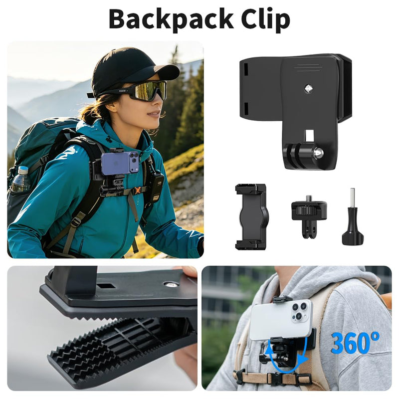 4 in 1 Phone Accessories Kit, Quick Release Head Strap Mount + Chest Mount Harness + Backpack Clip Holder + Palm Strap Kit for POV/VLOG,Cell Phone Clip Compatible with iPhone,Samsung and More Phones
