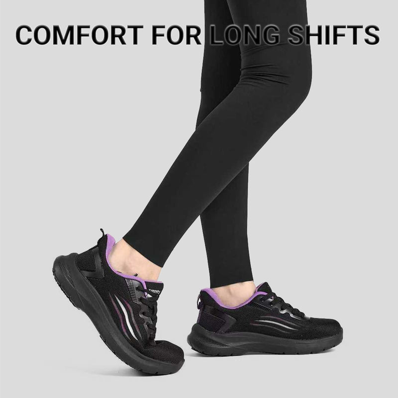 Treesky Black Non Slip Work Shoes for Women, Restaurant & Kitchen Sneakers | Slip resistant soles, lightweight cushioning, breathable knit, removable insole, for nursing, food service & long shifts 8 Black Purple