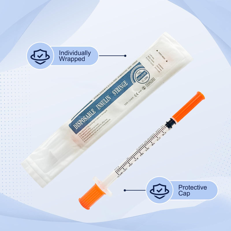 100 Pack U-100 1ml/cc 30G 5/16 Inch (8mm) Jeringa, Individually Wrapped for Lab Use 100