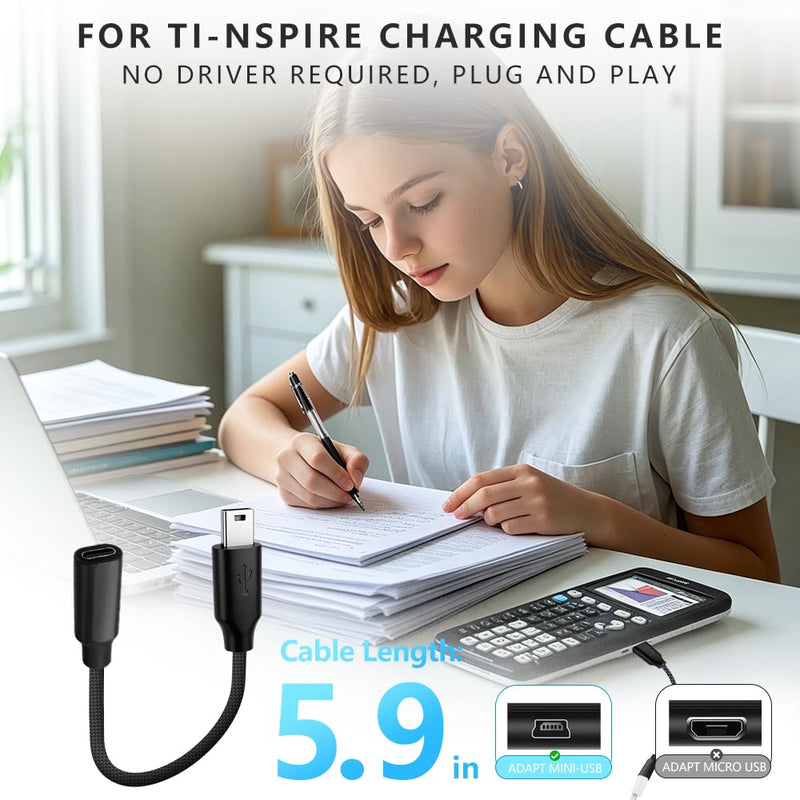 USB-C to Mini USB Adapter for TI 84 Plus CE/C Silver Edition, Braided Data Cable for Texas Instruments Calculators TI-Nspire CX/CX CAS/CX II/CX II CAS, TI-89 Titanium, TI-83/85