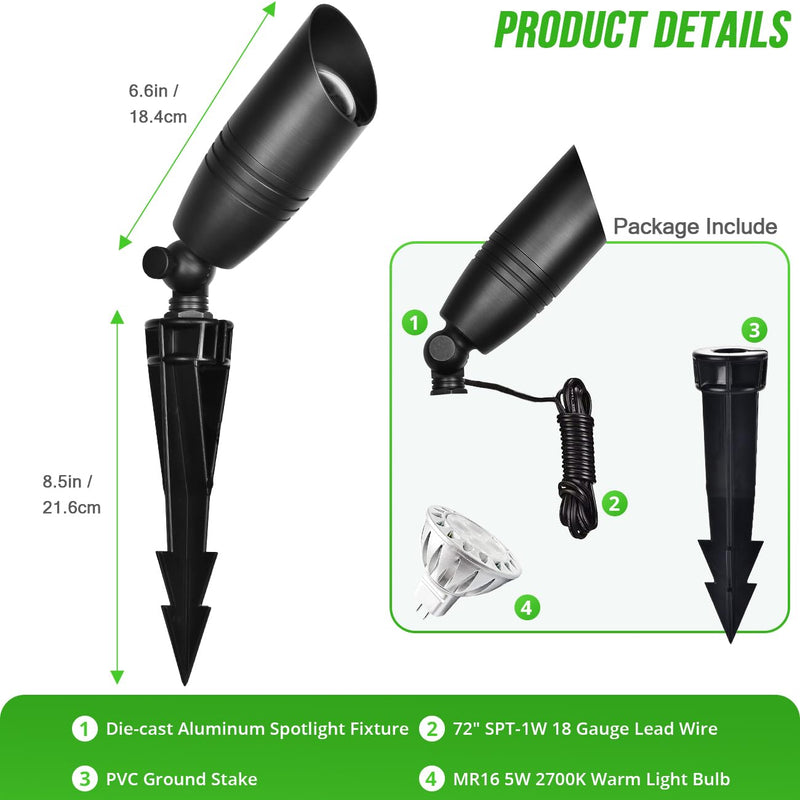 wowlite Landscape Spotlights Outdoor, 12V Low Voltage Landscape Lighting Fixture with 5W MR16 LED Bulb, Black Aluminum Yard Directional Uplights Waterproof for House Trees Patio Matte Black 03 1 Pack