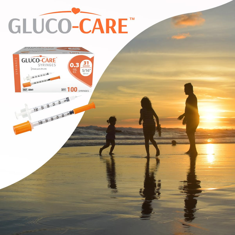 GLUCO-CARE 0.3 ml/cc Syringes 31G x 5/16’’ (8mm), Orange Cap, Box of 100 pcs 0.3ml 31G 5/16"