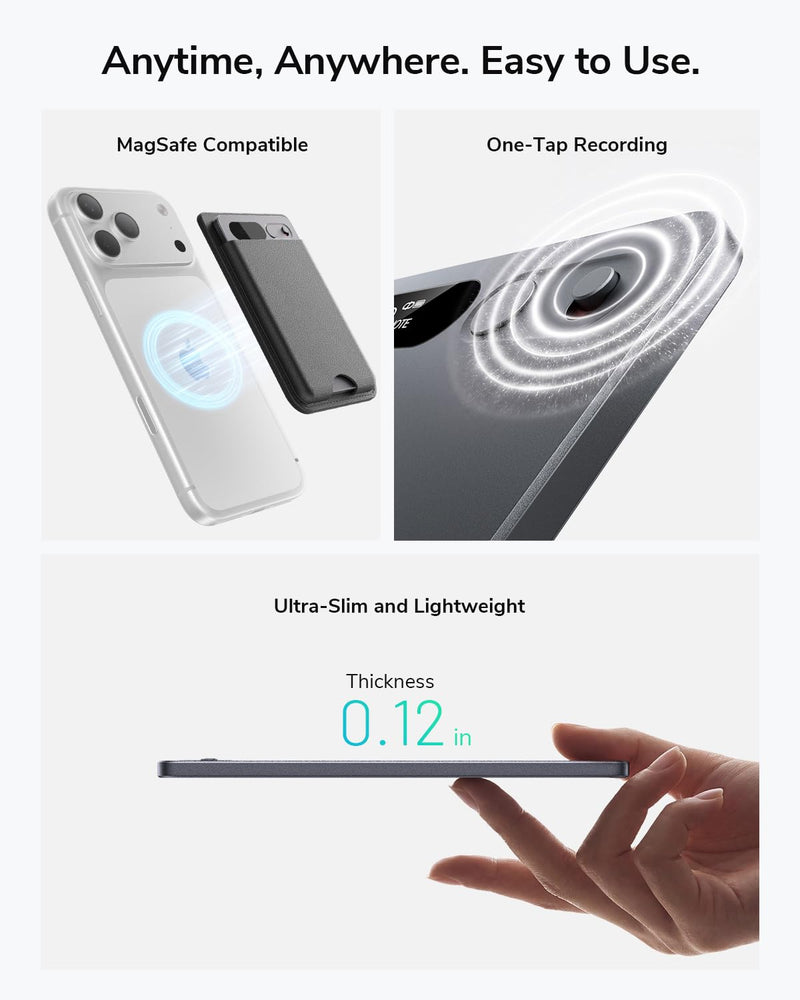 AI Voice Recorder,Unlimited Transcribe & Summarize,App Control,AI Note Taking Recording Device w/Case,Supports 152 Languages,Magsafe Voice Recorder for Calls,Meetings,Lectures,Interview,Gray