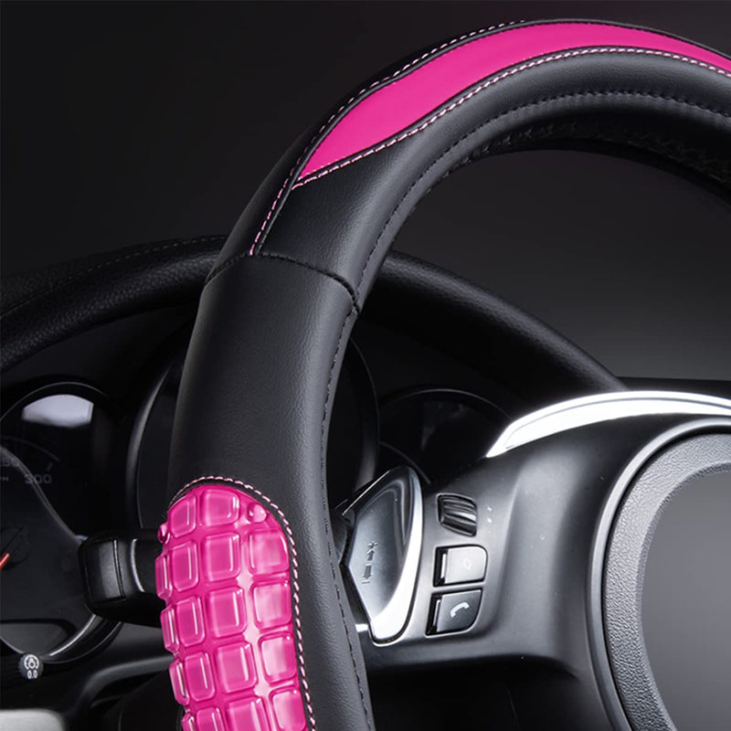 Flying Banner car Steering Wheel Cover Gel Massage Velvet Cool Warm Universal Size 15 inches SUV Truck Anti Slip Odorless Summer Winter (Black Pink, Gel Massage) Black Pink